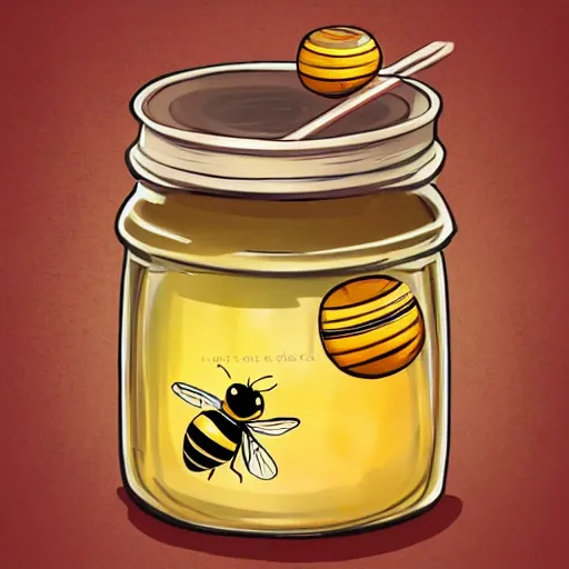 Image similar to cute bee flying out of a jar of honey with a wooden honey dipper in it, concept art, illustrated, highly detailed, high quality, bright colors, optimistic,