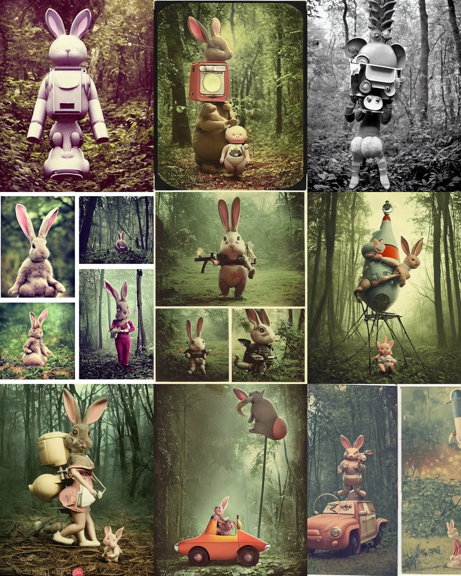 Prompt: 1960!! epic pose!!! Whimsical giant oversized rocket battle rabbit robot chubby mech baby car with giant oversized ears and rabbit with babies , in deep forest jungle , full body , Cinematic focus, Polaroid photo, vintage , neutral dull colors, soft lights, foggy sunset , by oleg oprisco , by national archives, by discovery channel, by victor enrich , by gregory crewdson