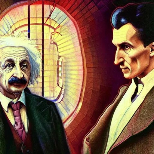 Prompt: Full colour render of albert einstein and nikola tesla looking at a tesla model 3. 4K award winning photorealistic concept art. smooth, sharp focus, illustration, cyberpunk, dystopian by artgerm and moebius and alphonse mucha.