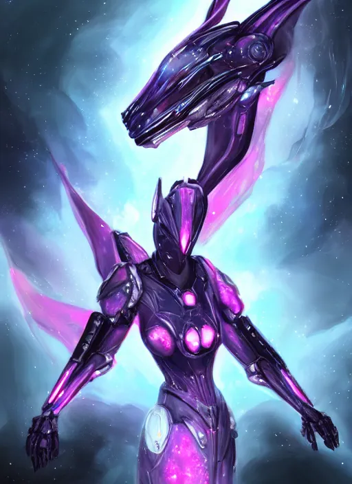 Image similar to cinematic shot, bust, cosmic sized perfectly proportioned stunning hot female warframe, robot mecha female dragon head, silver armor, fuschia leds, floating in empty space, nebula sized, holding a galaxy, epic proportions, epic size, epic scale, furry art, dragon art, giantess art, warframe fanart, furaffinity, deviantart