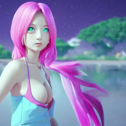 Prompt: stunningly beautiful omnipotent anime goddess with smooth porcelain skin, pink hair and mesmerizing cyan eyes, symmetrical, frog's perspective, unreal engine 5, 8 k