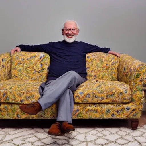 Prompt: a smiling old man sitting on a couch wearing the same fabric as the couch