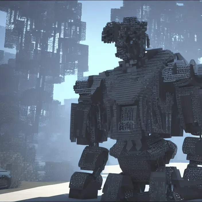 Image similar to kanye west as a transformer robot in a raytracing minecraft test. nvidia rtx, 4 k, ultra settings