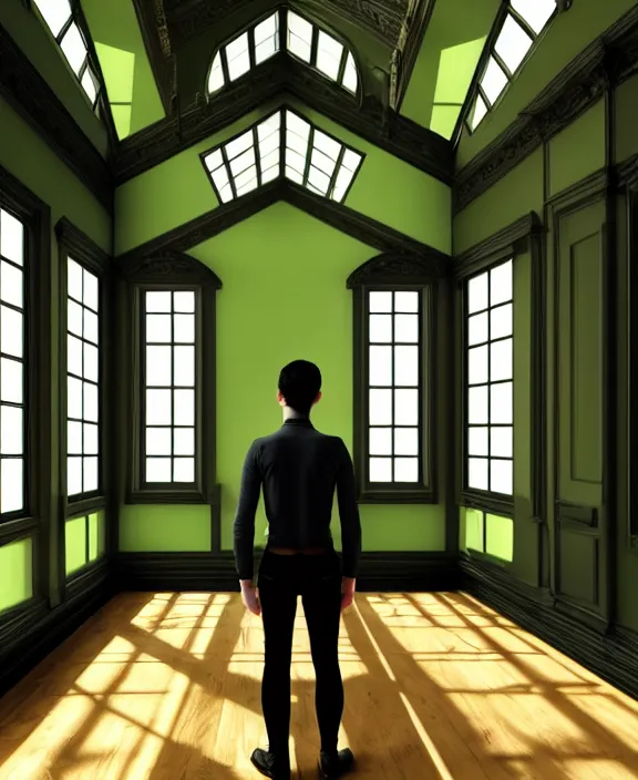 Image similar to androgynous male with black short hair and pale skin is standing in front of a mirror surrounded by victorian interior in a room with tall windows and moos green flooring. by leonardo da vinci, volumetric lighting, petspective room layout