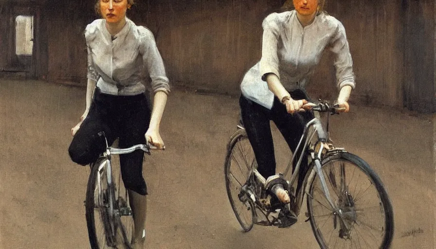 Prompt: painting by borremans, young woman riding a bike, detailed, stunning