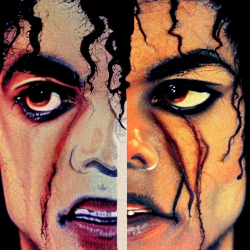 Image similar to half white half black bisected Michael Jackson facial closeup highly-detailed photo