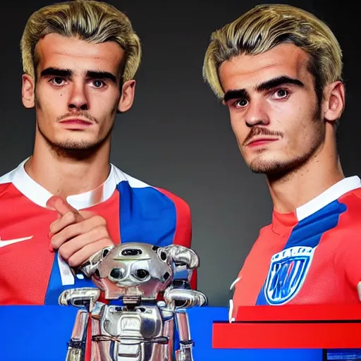 Image similar to a realistic detailed photo of a guy who is an attractive humanoid who is half robot and half humanoid, who is a male android, soccer player antoine griezmann, shiny skin, posing like a statue, blank stare, in a living room, on display, showing off his muscles, with a twin