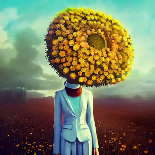 Image similar to giant daisy flower head, portrait, a girl in a suit, surreal photography, sunrise, dramatic light, impressionist painting, digital painting, artstation, simon stalenhag