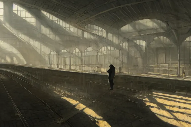 Prompt: deserted subway, sun light streaming in from top windows, one person stands waiting for the steam train, highly detailed, digital painting, artstation, concept art, smooth, sharp focus, illustration, art by greg rutkowski