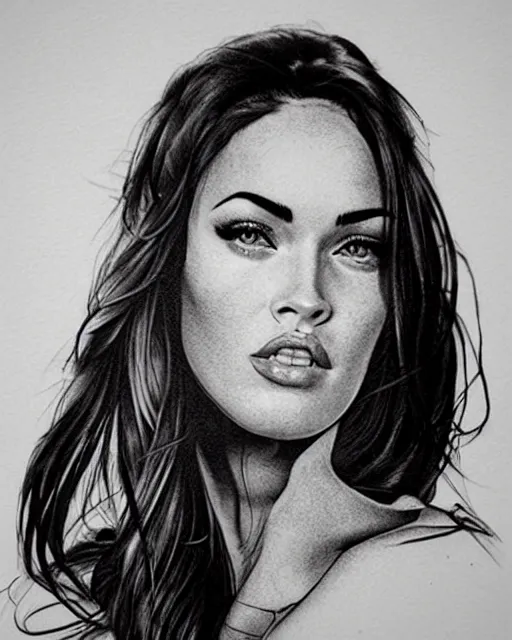 Prompt: realism tattoo design sketch of megan fox portrait blended with beautiful mountain scenery, in the style of dan mountford, double exposure photography, hyper realistic, amazing detail, black and white