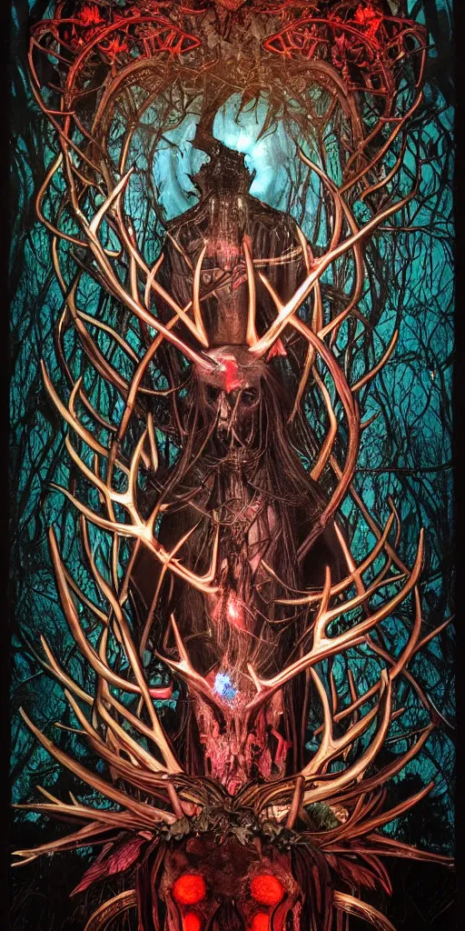 Image similar to intense glowing black metal pagan god with antlers and blood and intense glowing eyes with a bull skull in very dark forest by giger and alphonse mucha, portrait, fantasy, clear, red and teal and shining gold, light beams, lens flare, intense, uhd, amazing depth, cinematic lighting