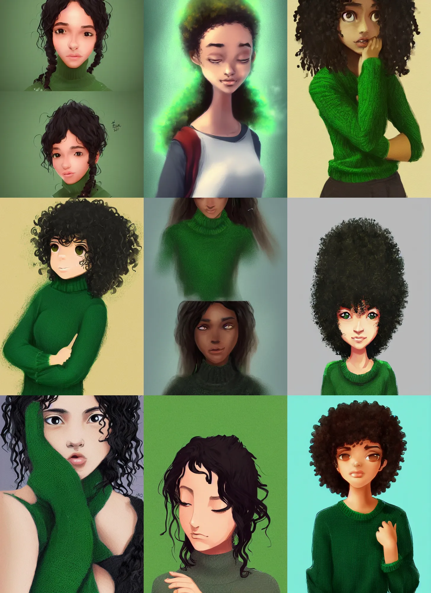 Prompt: a shy brazilian girl blushing, dark skin, black curly hair, wearing a green sweater, digital art, artstation, smooth