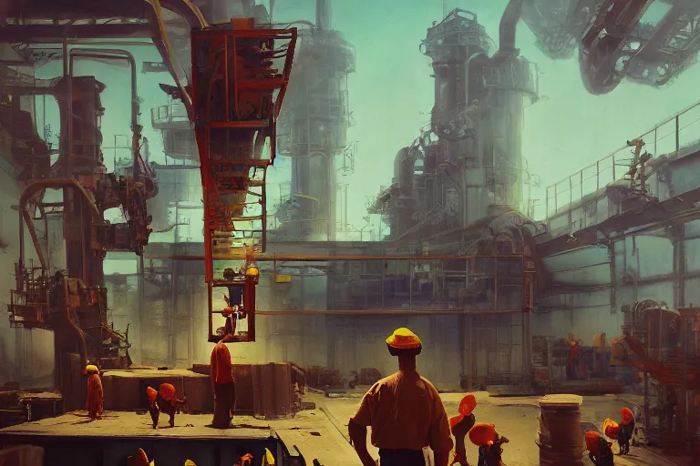 Prompt: A mixed media painting of a duck worker in front of a production line with little humans on it, by Frank Frazetta, Greg Rutkowski, Beeple, post-processing, low angle, masterpiece, cinematic, isometric, volumetric lighting