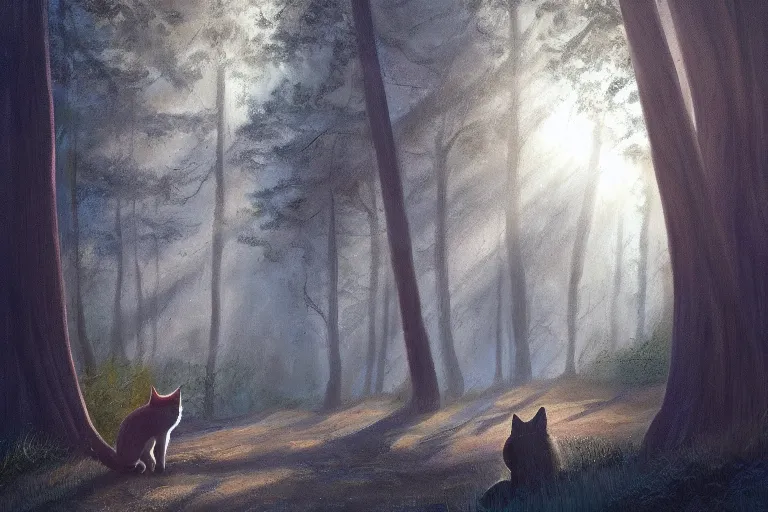 Image similar to a forest with a cat, trending on artstation, by wayne mcloughlin, backlighting