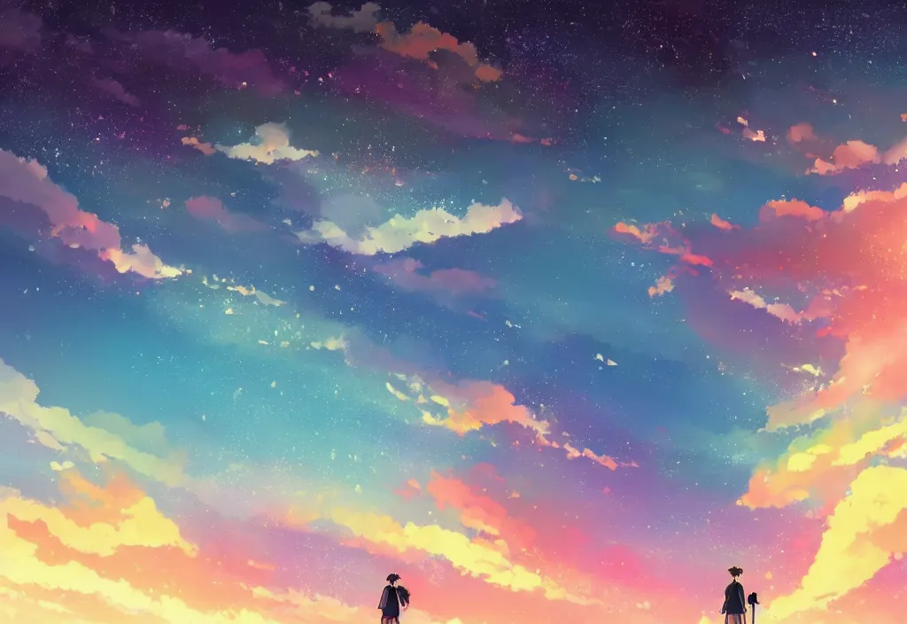 Image similar to breathtaking digital painting of the sky of kimi no na wa, by celestialfang, ghibli, pastel colors and shooting star in northern light love, lovers under skies