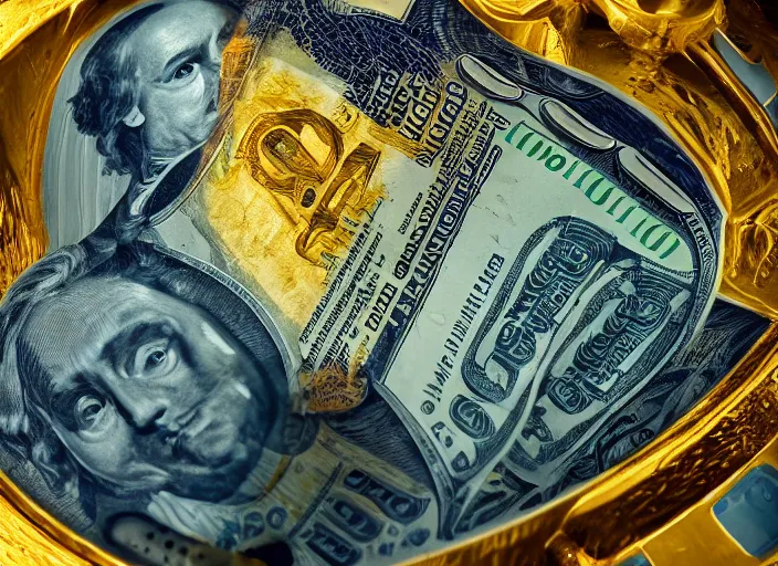 Image similar to photo of a golden toilet with dollars inside, ultra detailed, studio photography, colorful, dramatic lighting