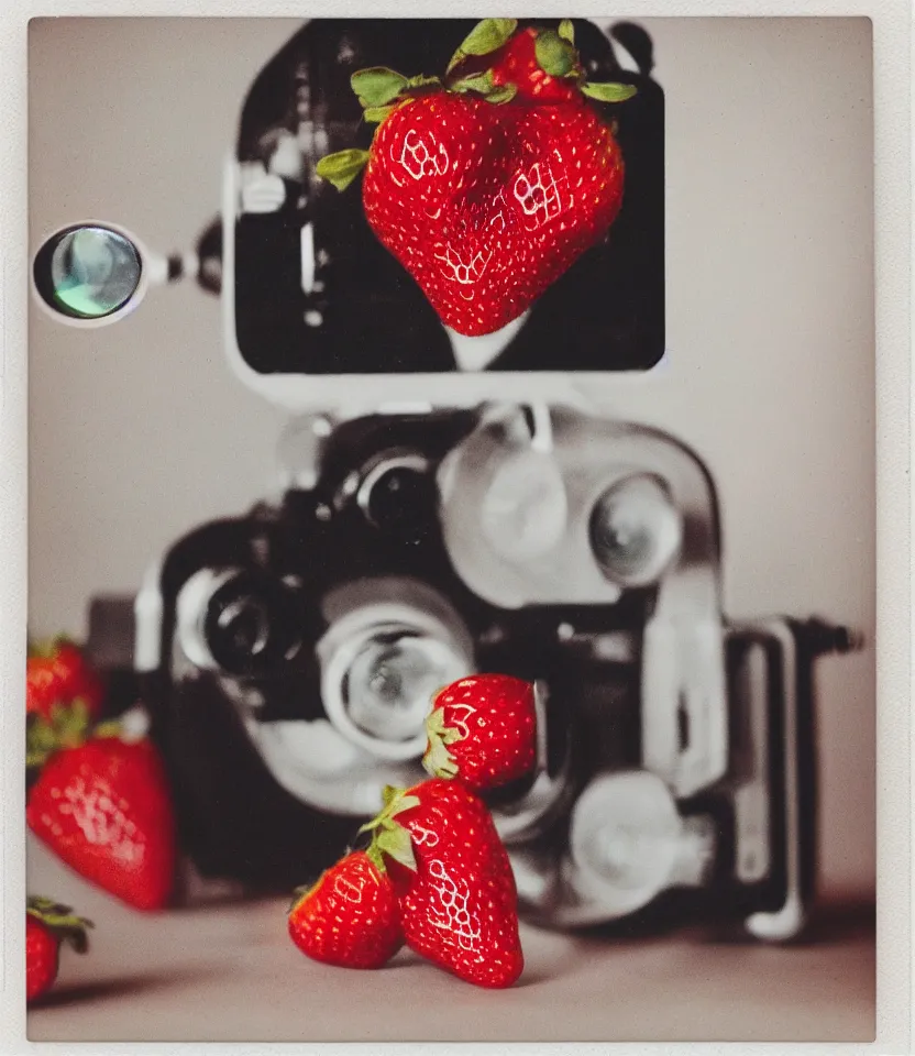 Prompt: the long red heart of a strawberry instamatic polaroid flash photography