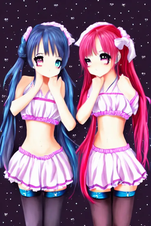 Image similar to two beautiful female idols with twintails facing each other, dark background, detailed anime art