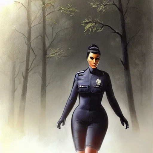 Image similar to kim kardashian as a cop, police uniform, portrait, scared emotion, haunted forest with ufo sitting in the distant fog, pretty, aesthetic, dust molecules, matte detailed photo, DeviantArt, Artstation, by donato giancola, ralph horley, loish, ufo lighting