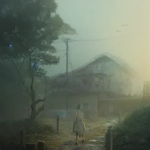 Image similar to walking around dilapidated!! abandoned ikeshima island, nagasaki, japan. volumetric lighting, foggy, spring evening, dark overcast weather, realistic illustration, perfectly shaded, ( golden hour ) soft painting, art by krenz cushart and wenjun lin