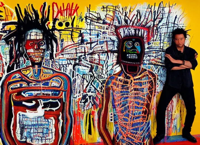 Image similar to jean-michel basquiat, david choe and alex gray painting, intricately highly detailed art piece