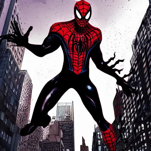 Image similar to carnage symbiote morphing in to spider man on a dark and stormy night in new york city