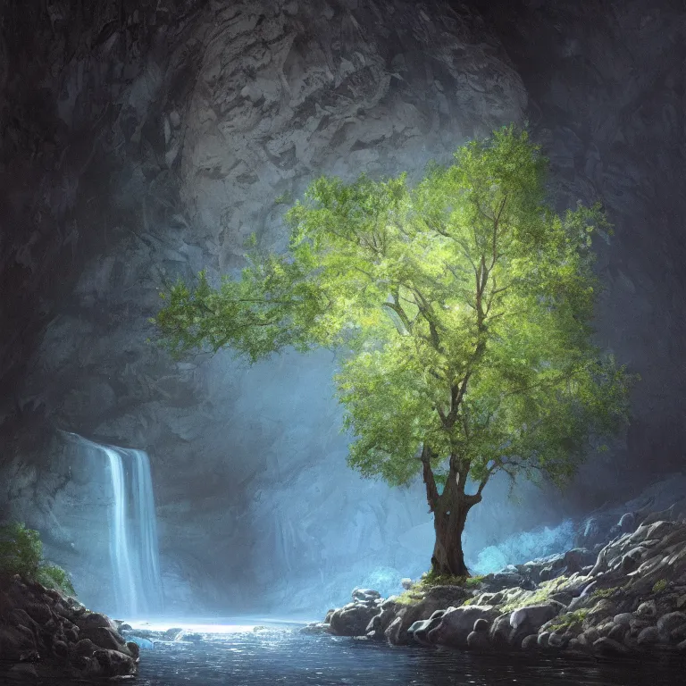 Image similar to A beautiful, highly detailed, very realistic oil painting of a single tree with rainbow leaves, next to a small river, glowing bright blue in the middle of a huge, very dark cave, with lots of dark grey rocks, oil painting by Greg Rutkowski.