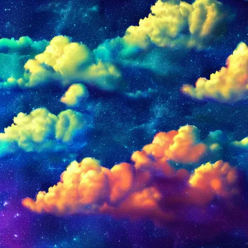 Prompt: colorful clouds like fabric of time, surrounded by lightning, Colorful Space Landscape hd 8k
