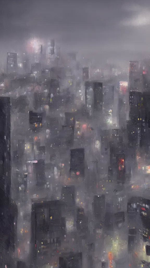 Prompt: a digital painting of a expansive view of the rainy night in tokyo, gray clouds and thunder in the sky, gray color scheme, ultrawide shot, art greg rutkowski, 4 k, highly detailed, oil painting, concept art