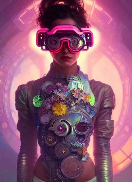Prompt: lovely woman wearing futuristic goggles in distress, neon flowers, ultra realistic, concept art, intricate details, eerie, highly detailed, photorealistic, 8 k, unreal engine. art by artgerm and greg rutkowski and magali villeneuve, alphonse mucha