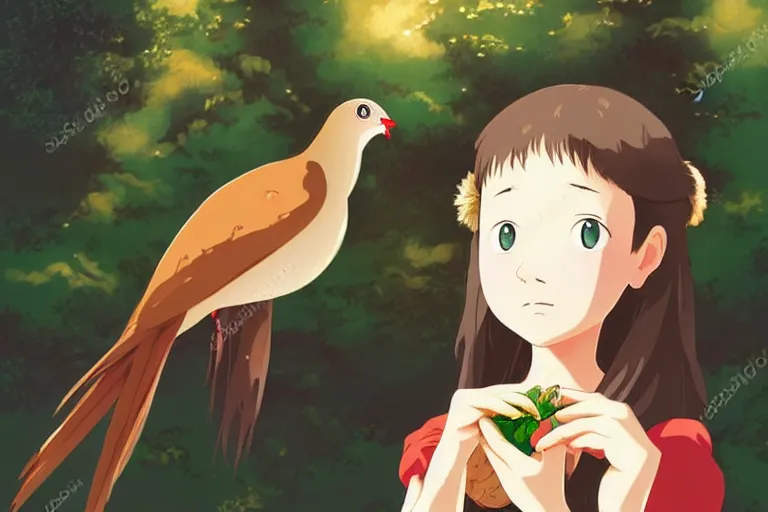 Image similar to young pretty girl holding a bird in her hands, looking touched, Fragile looking character portrait , beautiful scene; highly detailed art, by Studio Ghibli , High contrast, anime art