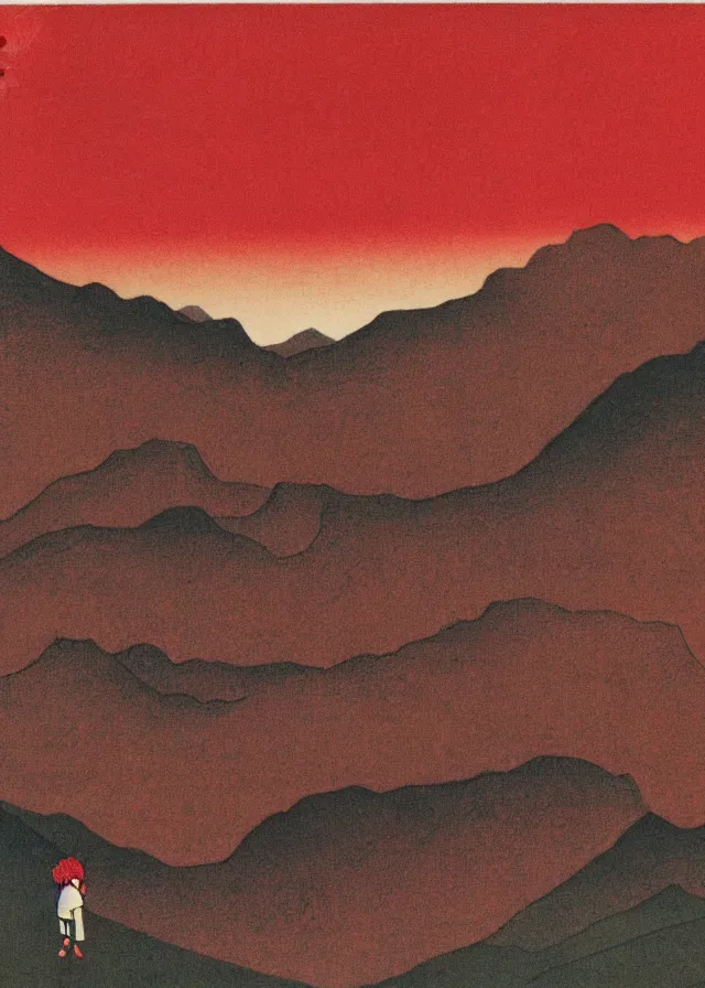 Image similar to landscape with red mountains, osamu tezuka