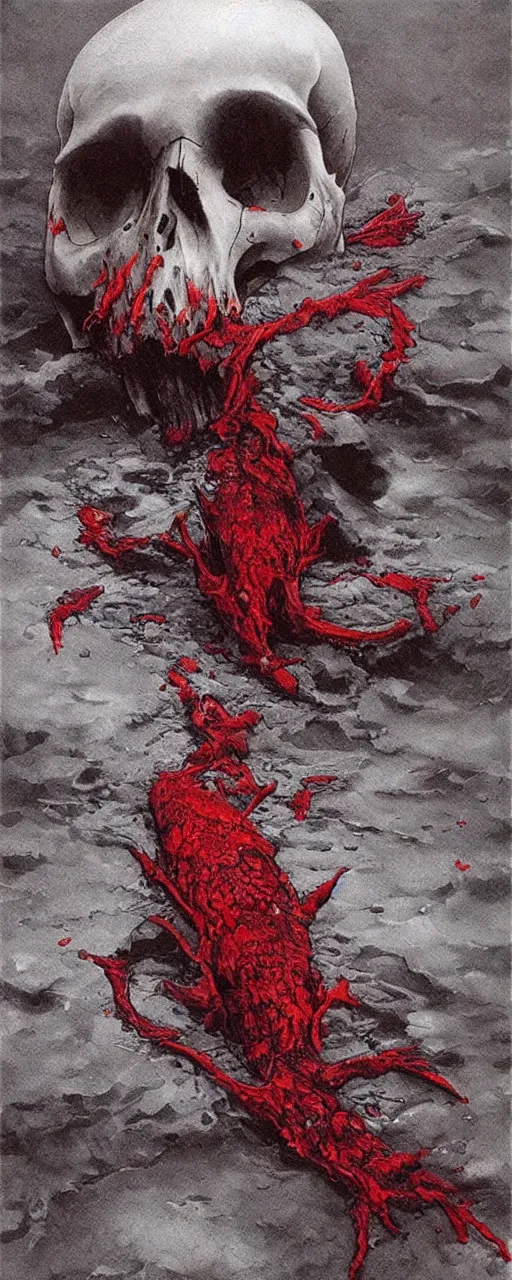 Prompt: dead river, dead fish, skull, poland, red color, highly detailed, 8 k, artstation, beutifull, masterpiece by beksinski