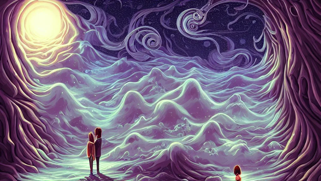 Prompt: in love by cyril rolando and naomi okubo and dan mumford and ricardo bofill. lovecraft. lovecraftian. starry night swirly sky.