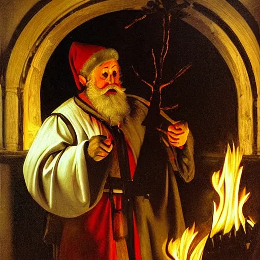 Prompt: Father Christmas burning a Christmas tree Painted by Caravaggio