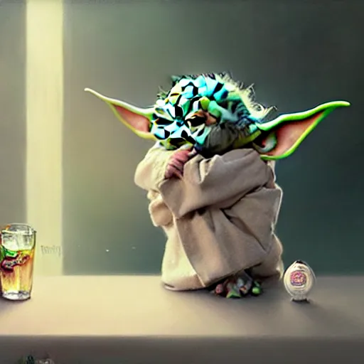 Image similar to Baby yoda drinking soda, highly detailed, digital painting, artstation, concept art, sharp focus, illustration, art by greg rutkowski and alphonse mucha