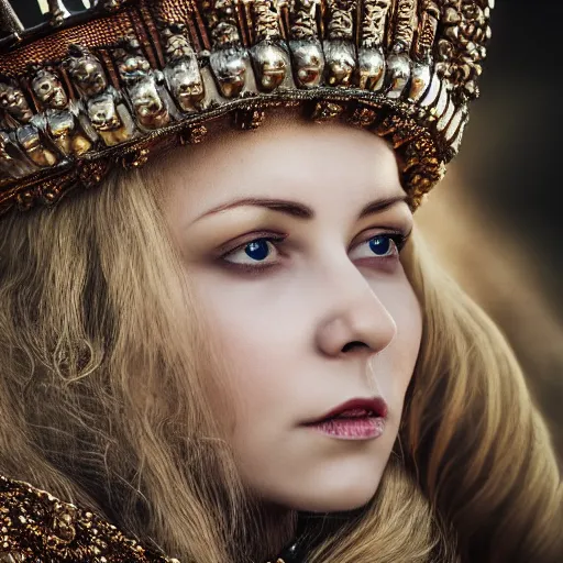 Image similar to beautiful nordic queen with ornate cloak and crown, highly detailed, 4k, HDR, smooth, sharp focus, hyper realistic, high resolution, award-winning photo