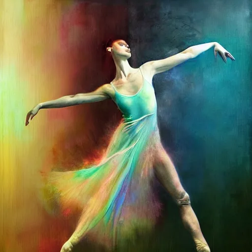 Image similar to ballet dancer by cy Twombly and BASTIEN LECOUFFE DEHARME, colorful, iridescent, volumetric lighting, abstract