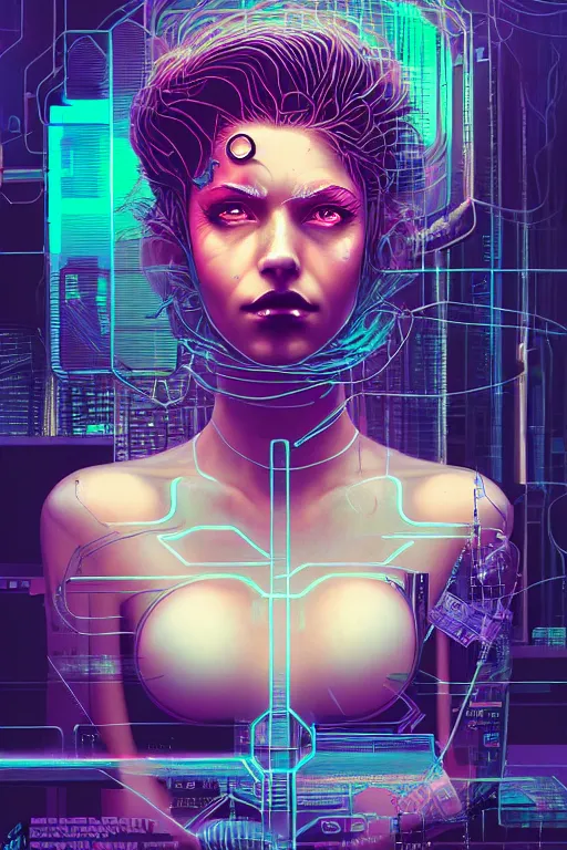 Prompt: dreamy cyberpunk girl, abstract smoke hair, digital nodes, computer network, beautiful woman, detailed acrylic, grunge, intricate complexity, by dan mumford and by alberto giacometti, anna dittmann