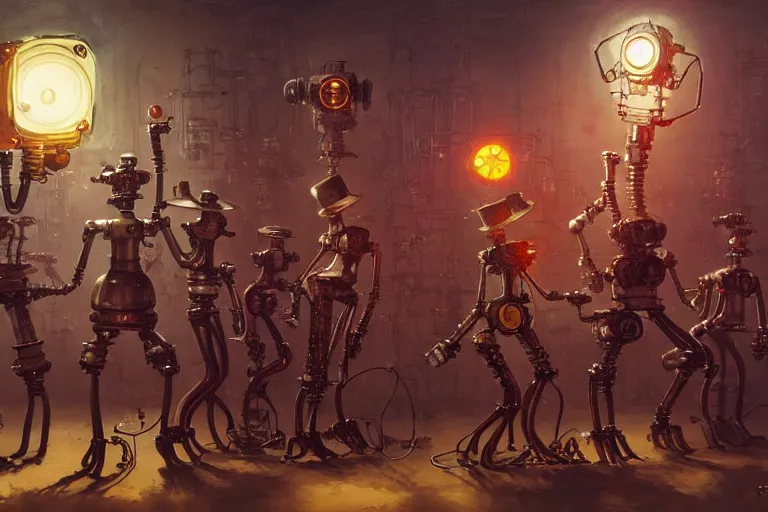 Prompt: steampunk robots dancing by otto dix and greg rutkowski and andreas rocha, cinematic lighting, highly detailed, 4 k