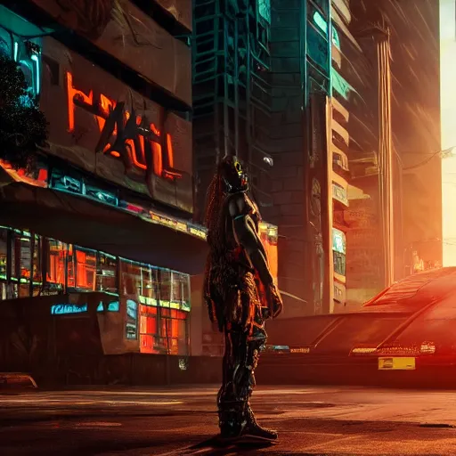 Image similar to high quality photo of The Predator in a cyberpunk cyberpunk cyberpunk city, realism, 8k, award winning photo