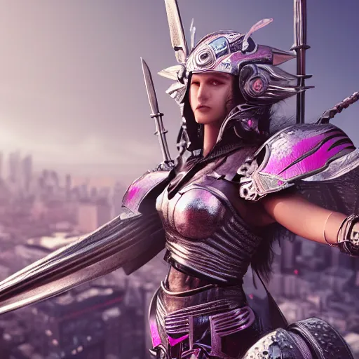 Image similar to woman valkyrie with pink metal wings, celtic and cyberpunk armor, cityscape, flying, high detail, sharp focus, silver cyber armor, flowers, digital painting, smooth render, octane render,