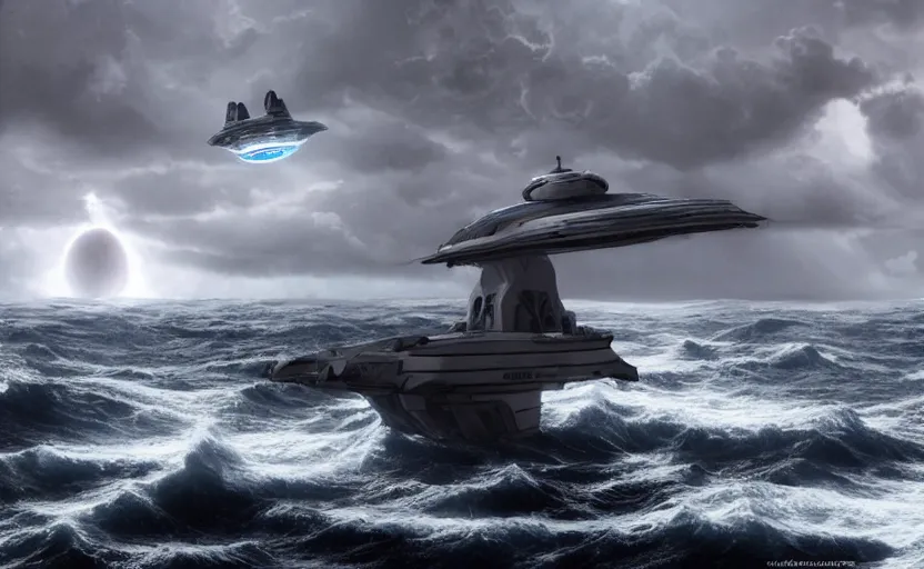 Image similar to a small, symmetrical alien ship flies above a stormy ocean, sci-fi concept art, unreal engine 3d