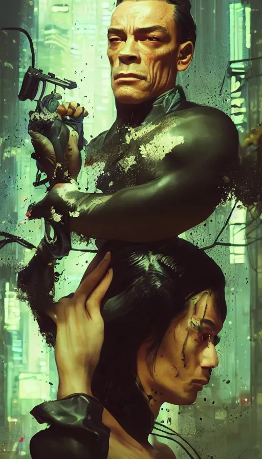 Image similar to altered carbon, jean claude van damme and a young gangster lolita, amazing beauty, visor, neon tattoo, styled hair, decorated traditional japanese ornaments by carl spitzweg, ismail inceoglu, vdragan bibin, hans thoma, greg rutkowski, alexandros pyromallis, perfect face, fine details, realistic shaded