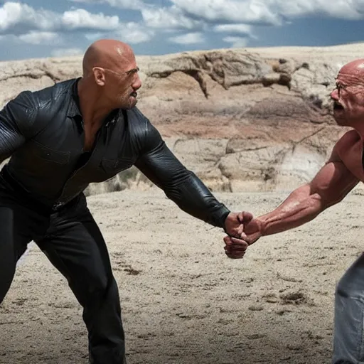 Prompt: dwayne johnson in a duel to the death with walter white