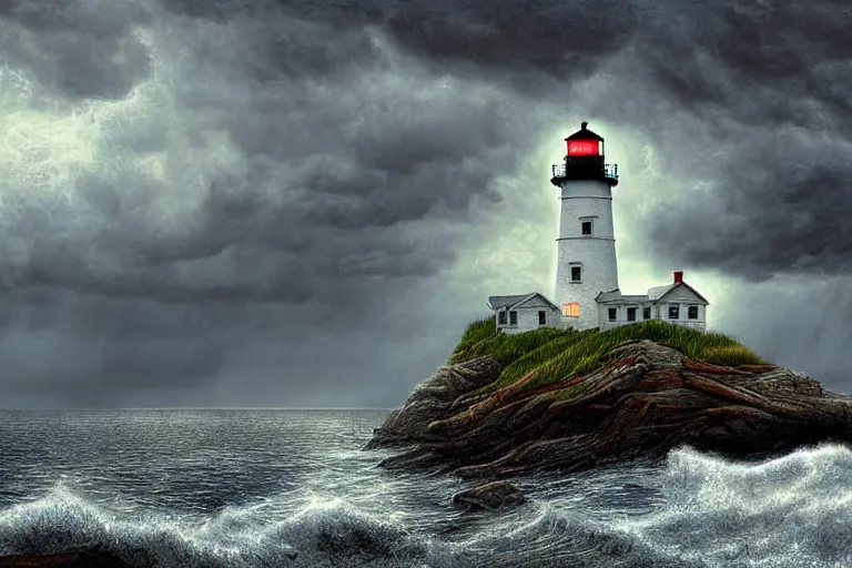 Image similar to hdr lighthouse cove in new england, stormy matte painting by andrea kowch, detailed realistic