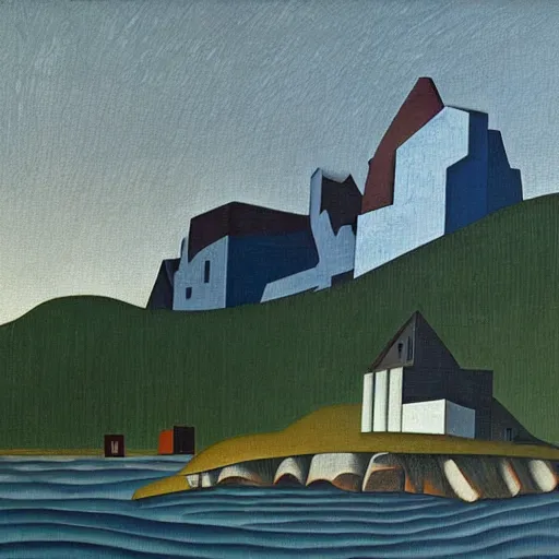 Prompt: a building in a stunning landscape by Lawren Harris