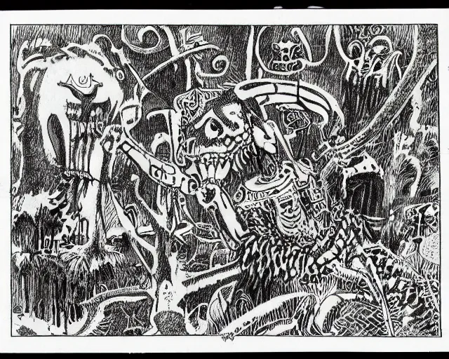 Image similar to surreal b & w nightmarish garden las pozas, mayan jaguar warrior, ink by frank miller and jose guadalupe posada, crayon and cut up, punk fanzine 1 9 6 7