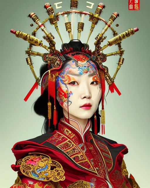 Image similar to portrait of a chinese cyberpunk machine, machine face, robed, upper half portrait, decorated with chinese opera motifs, regal, asian, fine china, wuxia, traditional chinese art intricate intense elegant 京 剧 highly detailed digital painting artstation concept art smooth sharp focus illustration, art by artgerm and greg rutkowski alphonse mucha 8 k