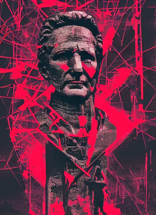 Prompt: design poster showing a statue of julius caesar, black background with very subtle red and purple design elements, powerful, nekro, vito acconci, graphic design, collage art, thin lines, dark, glitch art, neo vaporwave, gritty, layout frame, square, trending on artstation